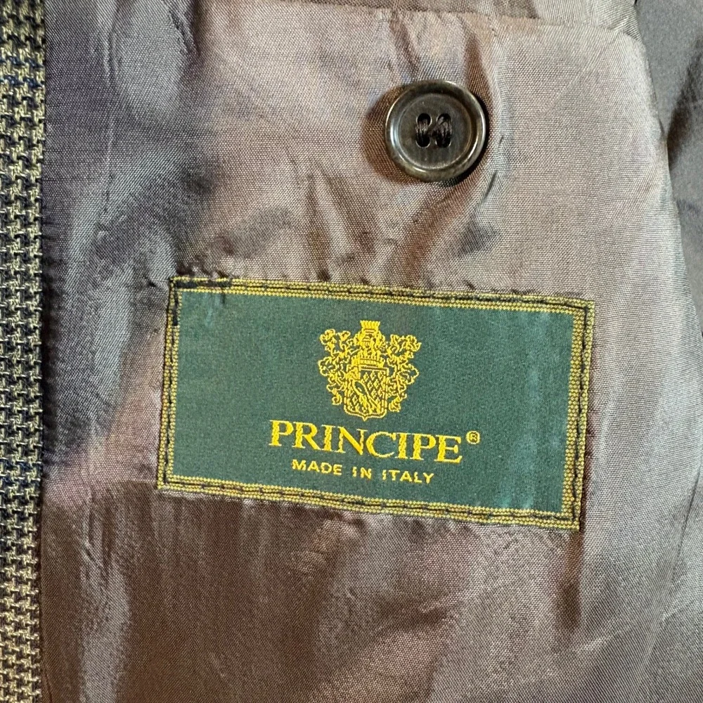 Principe Sport Coat Mens 44L Virgin Wool Houndstooth Brown Made in Italy EUC